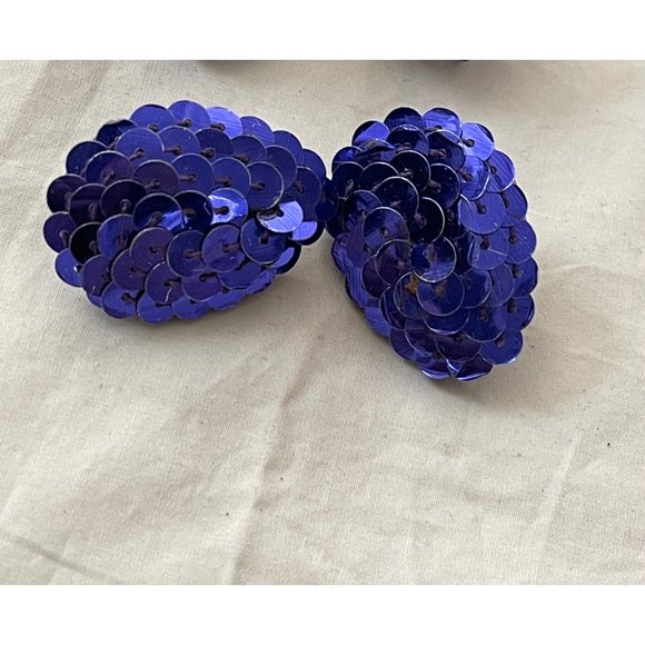 Vintage 80s Purplish-Blue Sequin Egg Shaped Earrings - Picture 1 of 8
